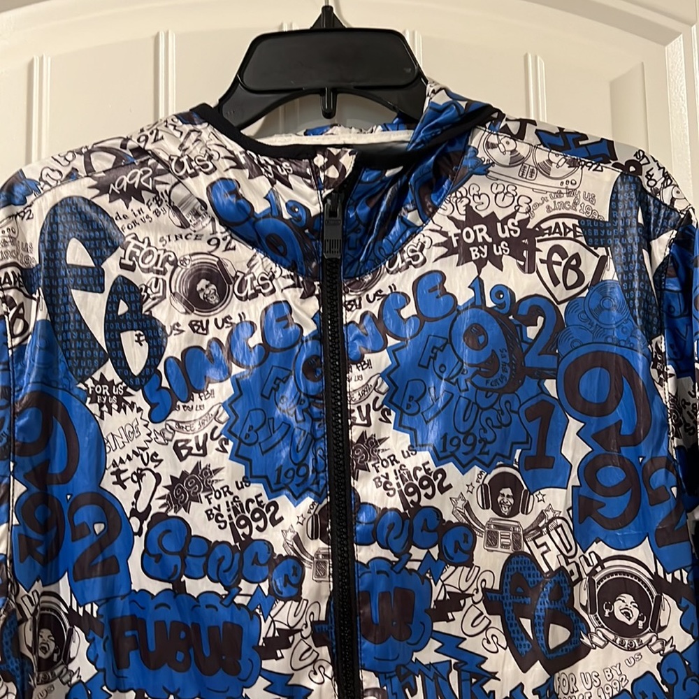 FUBU the Collection blue and white full zip Windbreaker Printed Hoodie Jacket - Picture 8 of 10
